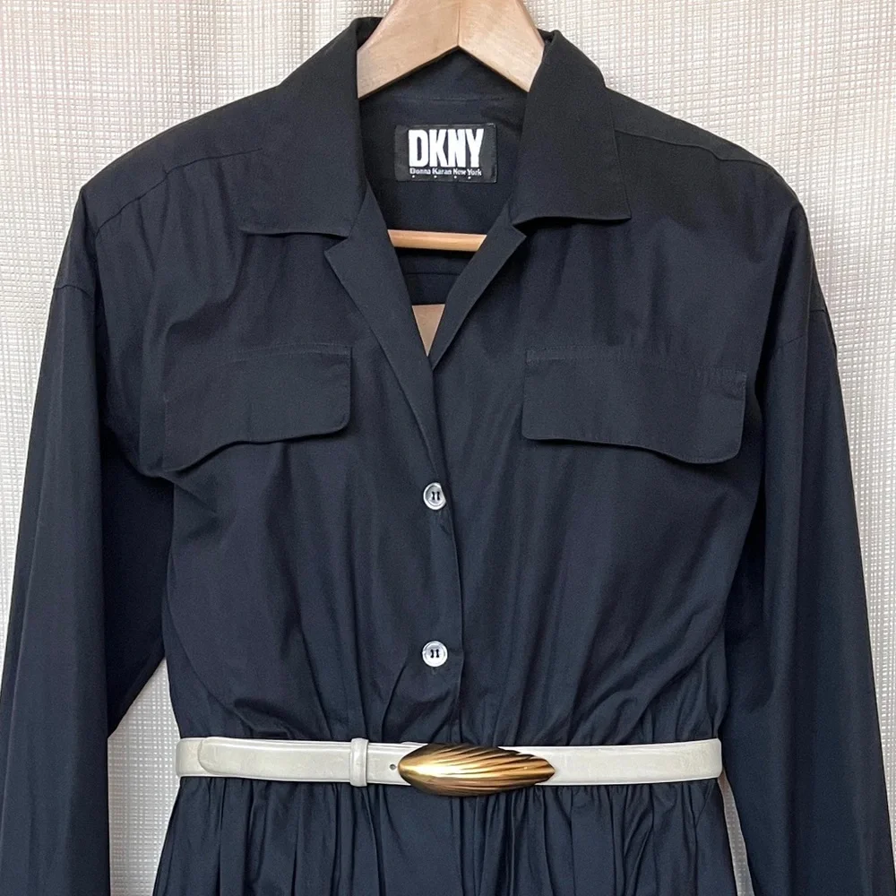 Vintage DKNY Shirt Dress Cotton Poplin Pockets Shirtwaist Dress Minimalist Rare - Picture 5 of 14